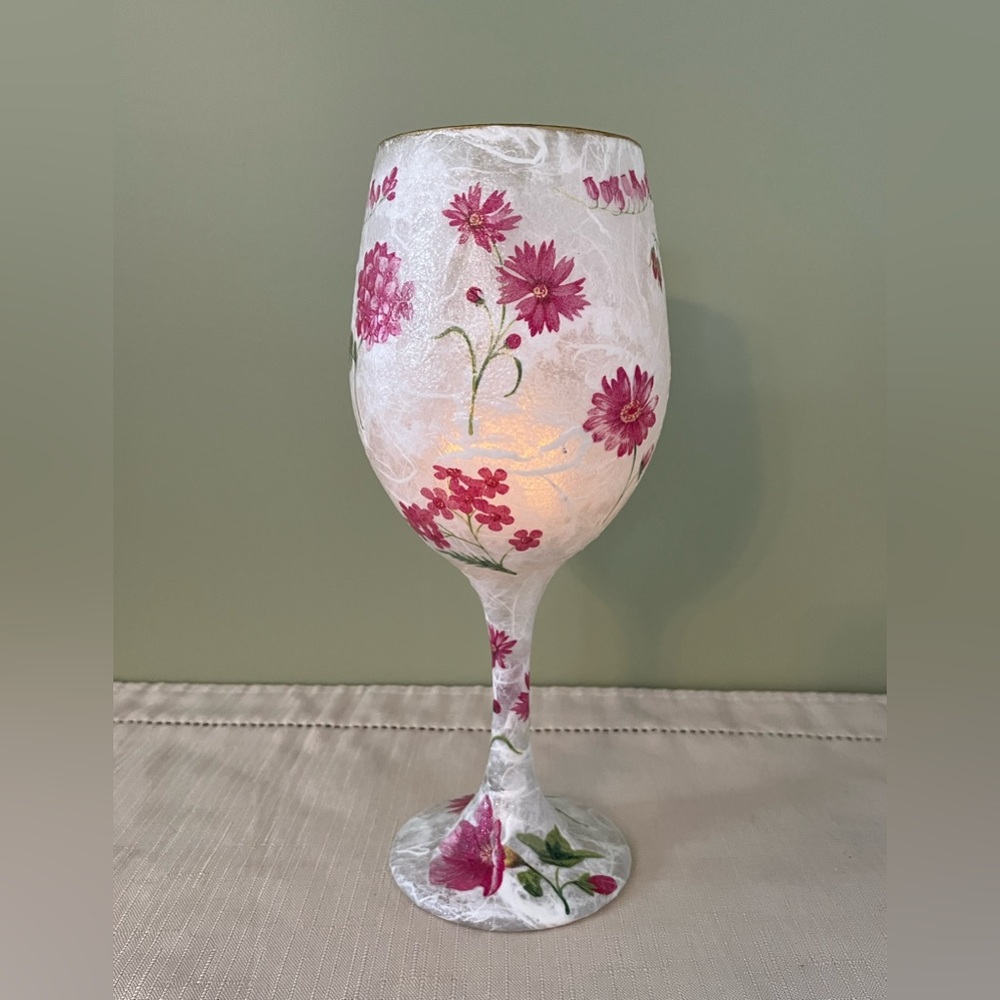 Decorated Wine Glass, Decoupage, Flameless Candle Holder, Home Decor, Gifts